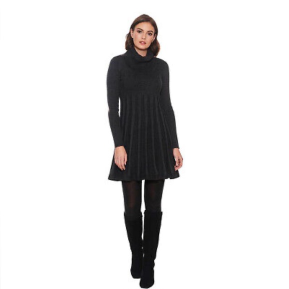 Calvin Klein Long Sleeve Cowl Neck Fit n Flare Black Dress - Picture 2 of 7